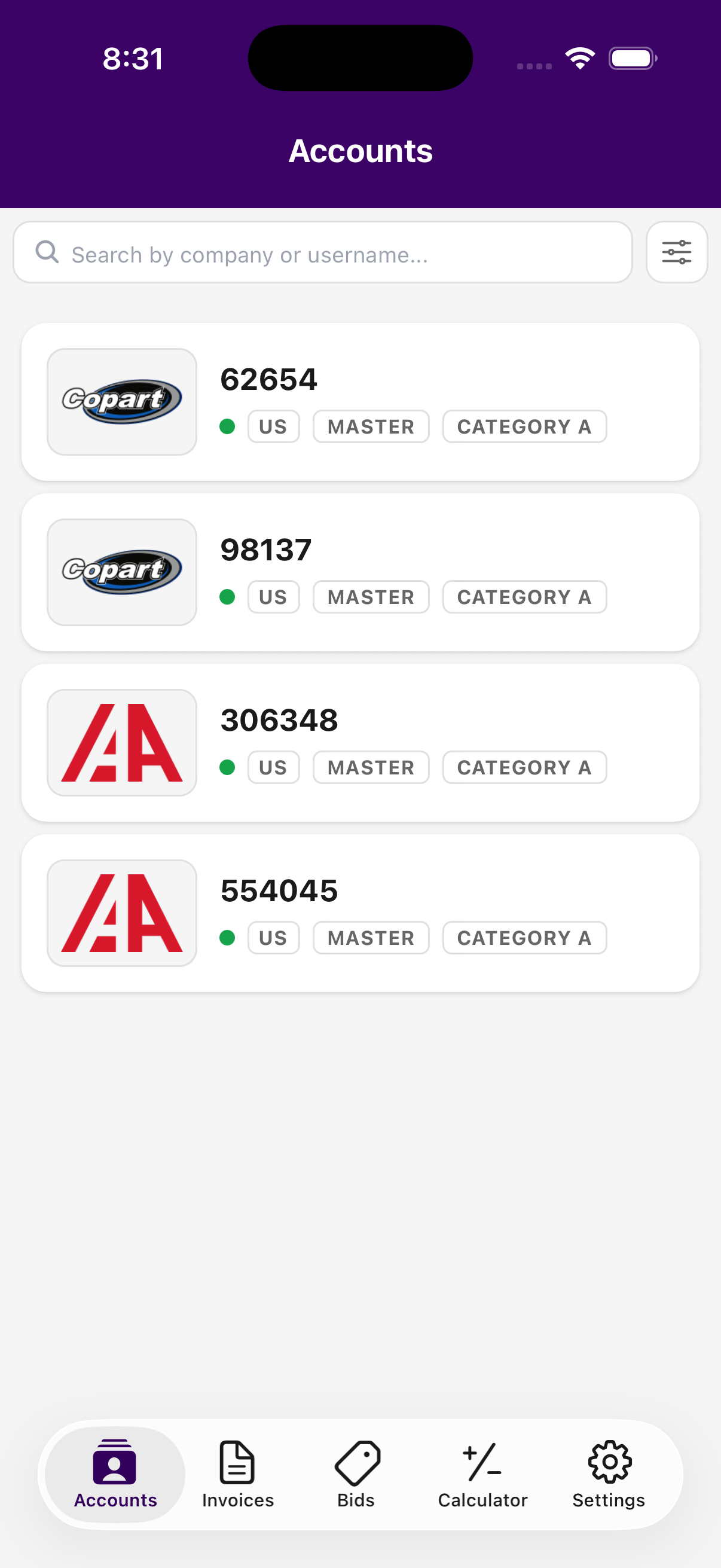Assigned Copart and IAAI accounts in the BidCentral app