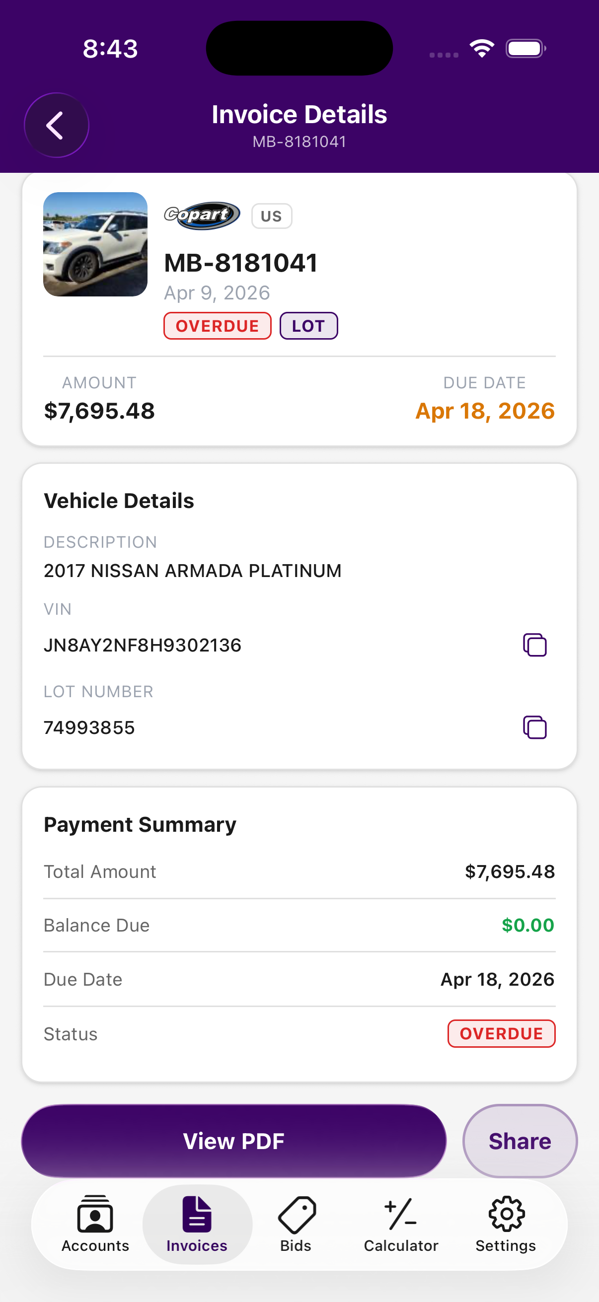 Invoice details for a purchased lot